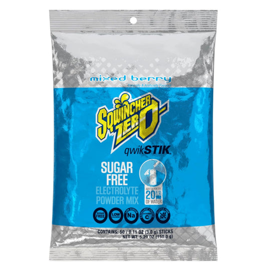 Sqwincher Zero Qwik Stik, Mixed Berry, Sugar Free, Low Calorie, Low Sodium Electrolyte Powder Hydration Drink Mix, .11 0z Packet (Pack of 50)