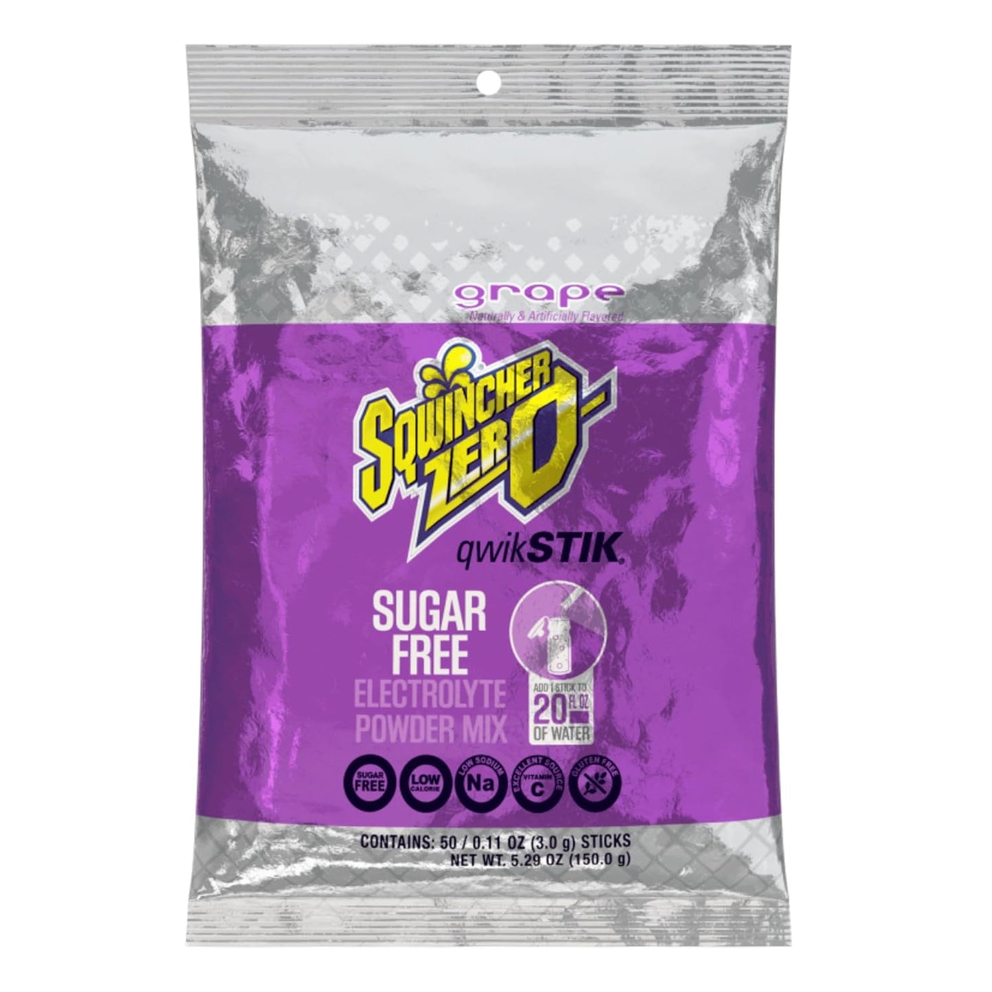 Sqwincher Zero Qwik Stik, Sugar Free, Low Calorie, Low Sodium Electrolyte Powder Hydration Drink Mix, Grape, .11 0z Packet (Pack of 50)