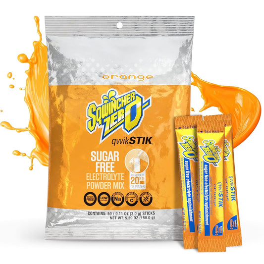 Sqwincher Zero Qwik Stik, Orange, Sugar Free, Low Calorie, Low Sodium Electrolyte Powder Hydration Drink Mix, .11 0z Packet (Pack of 50)