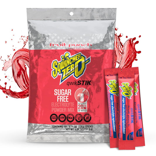 Sqwincher Zero Qwik Stik, Sugar Free, Low Calorie, Low Sodium Electrolyte Powder Hydration Drink Mix, Fruit Punch, .11 0z Packet (Pack of 50)