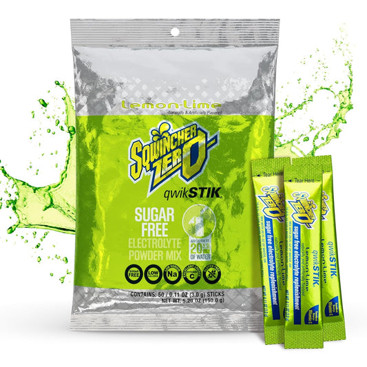 Sqwincher Zero Qwik Stik, Lemon Lime, Sugar Free, Low Calorie, Low Sodium Electrolyte Powder Hydration Drink Mix, .11 0z Packet (Pack of 50)